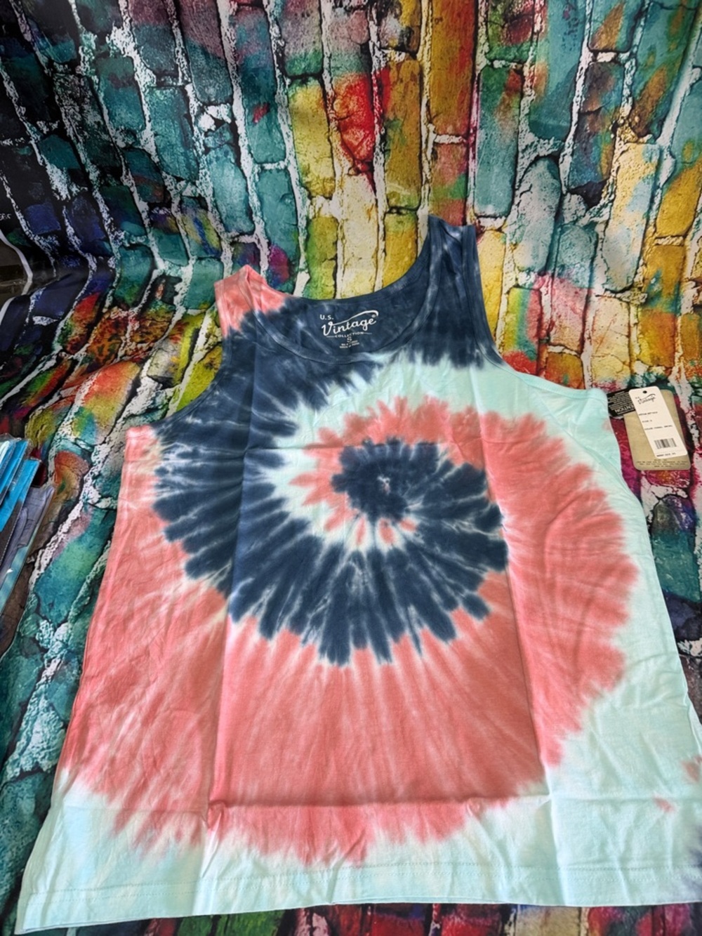U.S. Vintage Tie-Dye Spiral Tank Top in Navy, Coral & Mint small